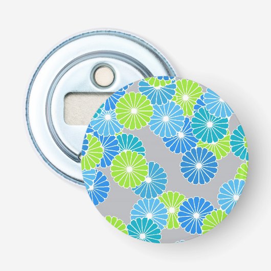Kunstdebloem - blauw en kalkgroen button flesopener (Voorkant)