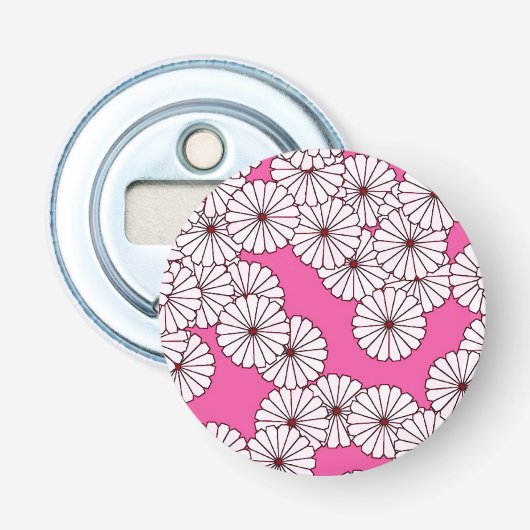 Kunstdebloem - wit op roze button flesopener (Voorkant)