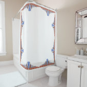 Kunstdeco-elementen in roos goud en blauw douchegordijn (In situ)