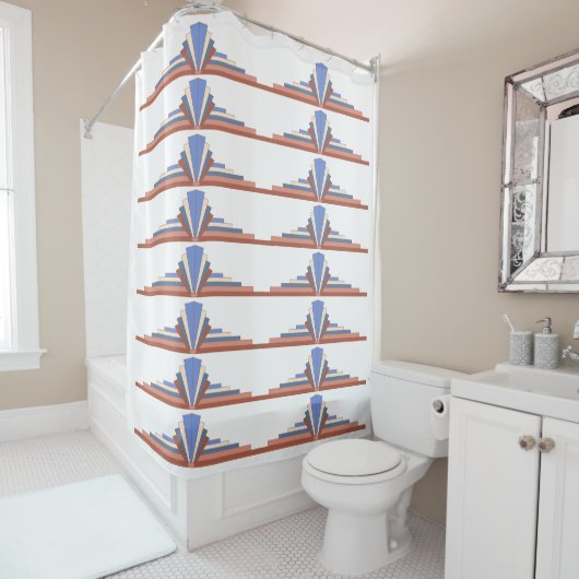 Kunstdeco-elementen in roos goud en blauw douchegordijn (In situ)