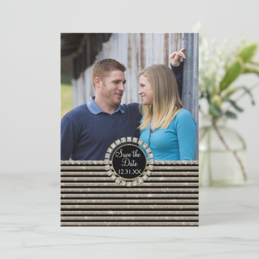 Kunstdeco Moderne horizontale strepe glitter Save The Date (Staand voorkant)
