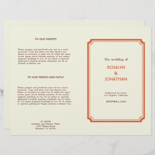 Kunstdeco retro oranje bruin trouwprogramma (Voorkant / Achterkant)