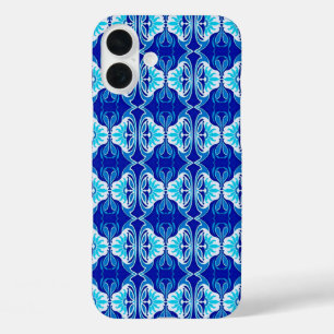 Kunstdecobedachtpatroon - kobalt blauw en wit iPhone 16 plus hoesje