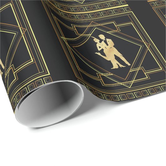 Kunstdecoder, zwart en goudgeometrische flap cadeaupapier (Rol Hoek)