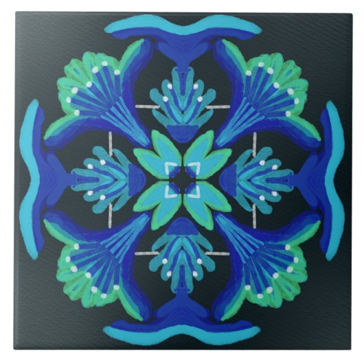 Kunstdecostijl waterverf zwarte blauwe groene bloe tegeltje (Voorkant)