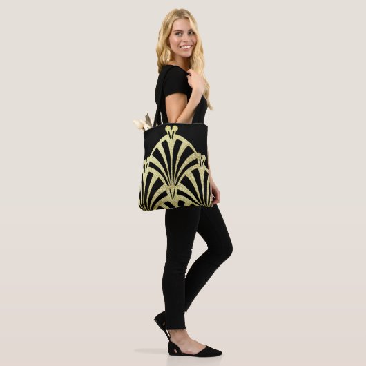 Kunstdecoventilatorpatroon zwart goud elegant vint tote bag (Op model)