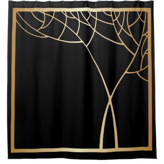 Kunstdeklare goudboom met lijst op zwart douchegordijn (Voorkant)