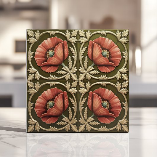 Kunsten en ambachten Red Poppy en Olive Green Tegeltje
