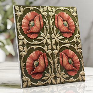Kunsten en ambachten Red Poppy en Olive Green Tegeltje