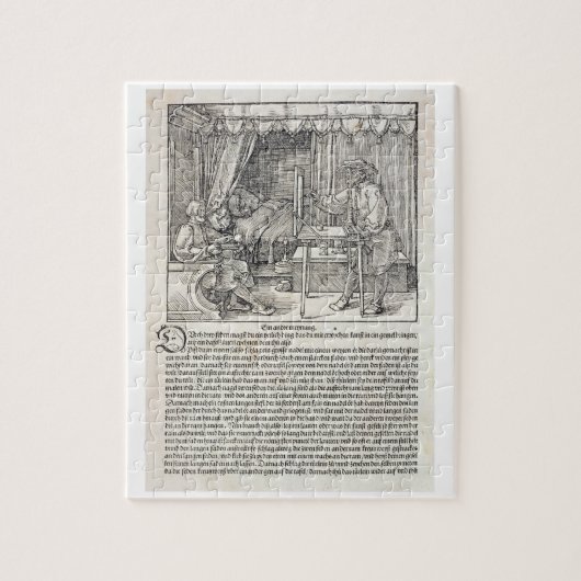 Kunstenaar die Durer's tekenmachine gebruikt om ee Legpuzzel (Verticaal)