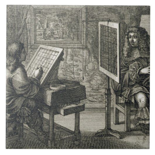 Kunstenaar die een portret over een net schildert  tegeltje (Voorkant)