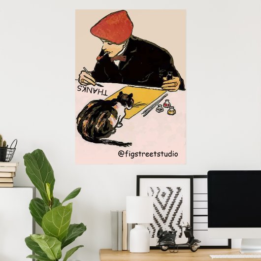 Kunstenaar met Kat, geef tekst uit Poster (Thuiskantoor)