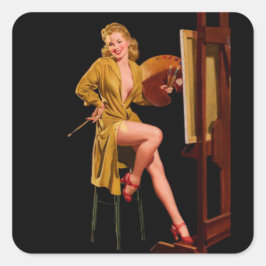  kunstenaar Pinup Girl met de schilder Vierkante Sticker