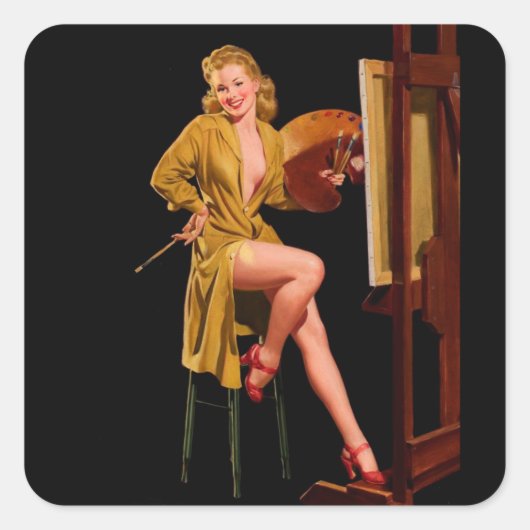  kunstenaar Pinup Girl met de schilder Vierkante Sticker (Voorkant)