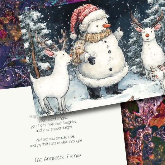 Kunstenaar Snowman Forest Illustratie Kerstmis Feestdagen Kaart