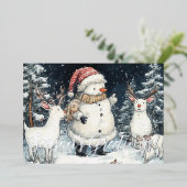 Kunstenaar Snowman Forest Illustratie Kerstmis Folie Feestdagenkaart (Staand Voorkant)