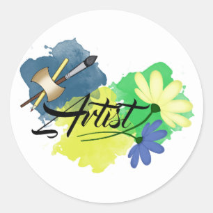 Kunstenaar. Tekening. Blauw en geel. Penseel en pe Ronde Sticker