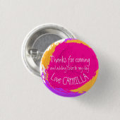 Kunstfeest verfspatten bedankknop met naam ronde button 3,2 cm (Voorkant /achterkant)