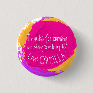 Kunstfeest verfspatten bedankknop met naam ronde button 3,2 cm