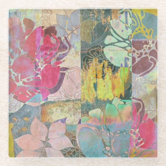 Kunstflorale grunge patroon glazen onderzetter (Voorkant)
