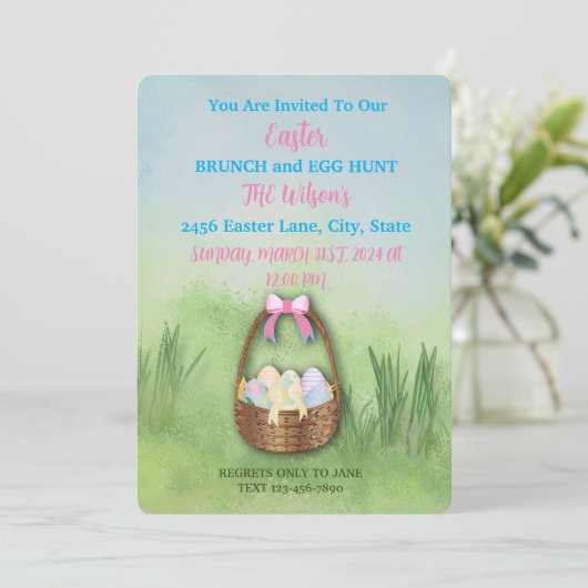 🌷 kunstige paasbrunch & eierjacht uitnodiging 🐣 (Staand voorkant)