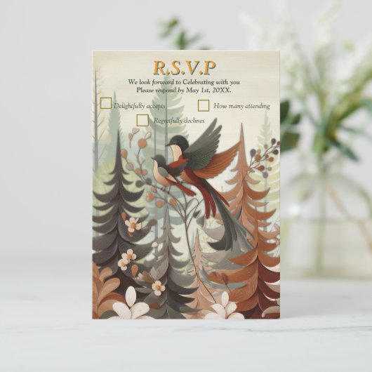 Kunstillustratie van moderne simplistische vogels RSVP kaartje (Staand voorkant)