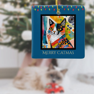 Kunstkat met Kerstverlichting Vrolijk Catmas Blauw Keramisch Ornament