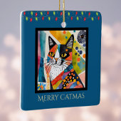 Kunstkat met Kerstverlichting Vrolijk Catmas Blauw Keramisch Ornament