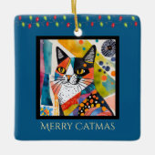 Kunstkat met Kerstverlichting Vrolijk Catmas Blauw Keramisch Ornament (Voorkant)