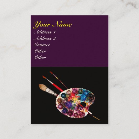 KUNSTKLEUR PALETTE EN BRUSHES, zwart Paars Visitekaartje (Voorkant)