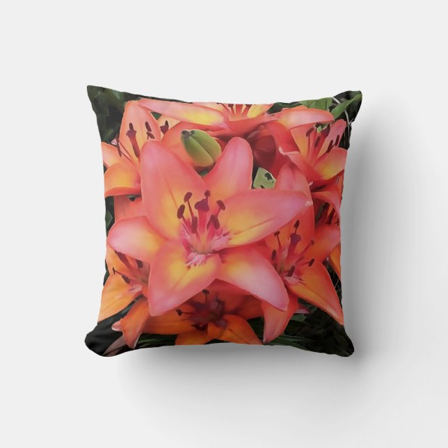 Kunstkoraal met gekleurde tuinlilies kussen (Voorkant)