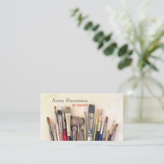 Kunstleraar, schilderpenselen voor artistieke verf visitekaartje (Staand voorkant)