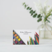 Kunstleraar, terug naar school, kunstbenodigdheden visitekaartje (Staand voorkant)