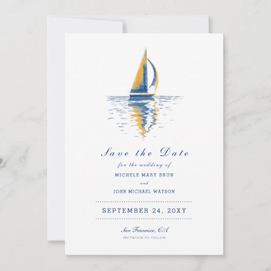 Kunstmarineschepen met blauw gele zeilboeg sparen  save the date (Voorkant)