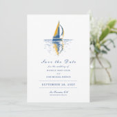 Kunstmarineschepen met blauw gele zeilboeg sparen  save the date (Staand voorkant)