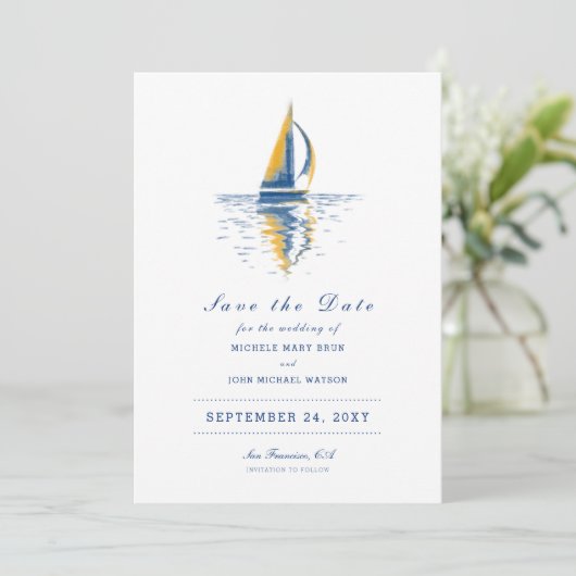 Kunstmarineschepen met blauw gele zeilboeg sparen  save the date (Staand voorkant)