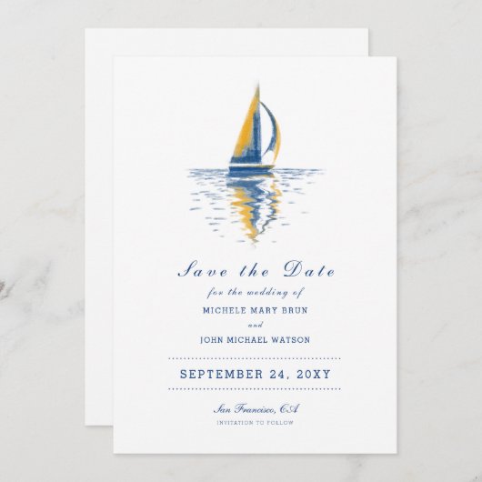 Kunstmarineschepen met blauw gele zeilboeg sparen  save the date (Voorkant / Achterkant)