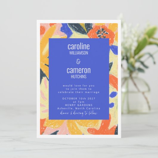 Kunstmatig Abstract blauw en geel botanisch huweli Kaart (Staand voorkant)