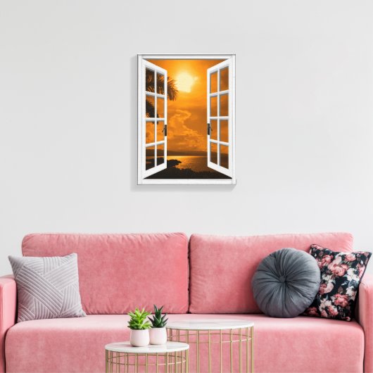 Kunstmatig raamuitzicht Tropische zonsondergang Canvas Afdruk (Insitu (Woonkamer))