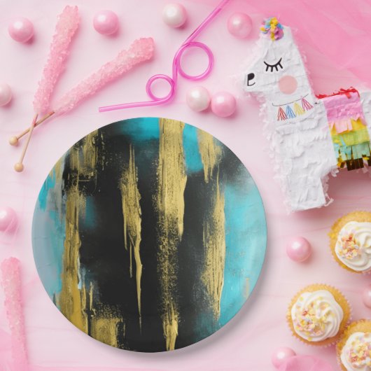 Kunstmatige Abstracte kunst in Turquoise, Gold en  Papieren Bordje (Feest)