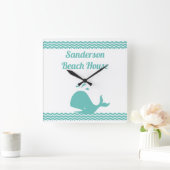 Kunstmatige Blauwgroen blauwe walvis en golven Bla Vierkante Klok (Huis)