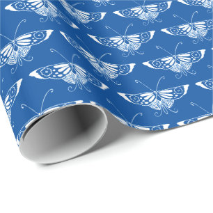 Kunstmatige deco-vlinder, kobalt blauw en wit cadeaupapier