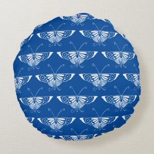Kunstmatige deco-vlinder, kobalt blauw en wit rond kussen