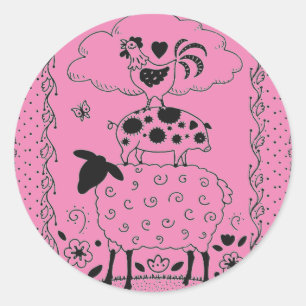 KUNSTMATIGE DIERENSCHAPEN, PIG, ROOSTER RONDE STICKER