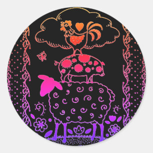 KUNSTMATIGE DIERENSCHAPEN, PIG, ROOSTER RONDE STICKER