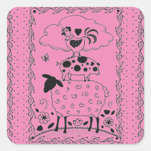 KUNSTMATIGE DIERENSCHAPEN, PIG, ROOSTER VIERKANTE STICKER