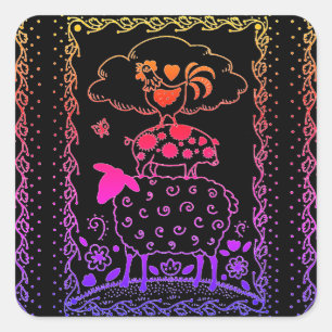 KUNSTMATIGE DIERENSCHAPEN, PIG, ROOSTER VIERKANTE STICKER