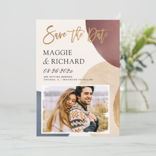 Kunstmatige, moderne Abstracte vorm goudpenseel Save The Date (Staand voorkant)