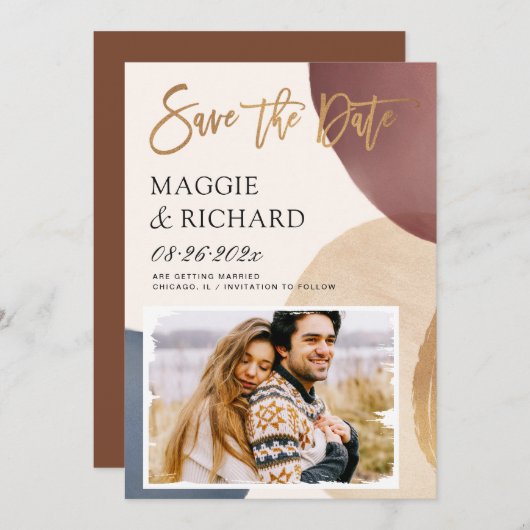 Kunstmatige, moderne Abstracte vorm goudpenseel Save The Date (Voorkant / Achterkant)