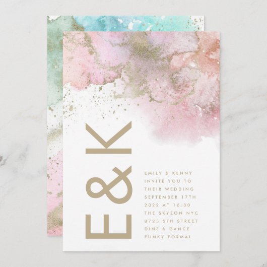 Kunstmatige moderne Folie Waterverf Monogram bruil Kaart (Voorkant / Achterkant)